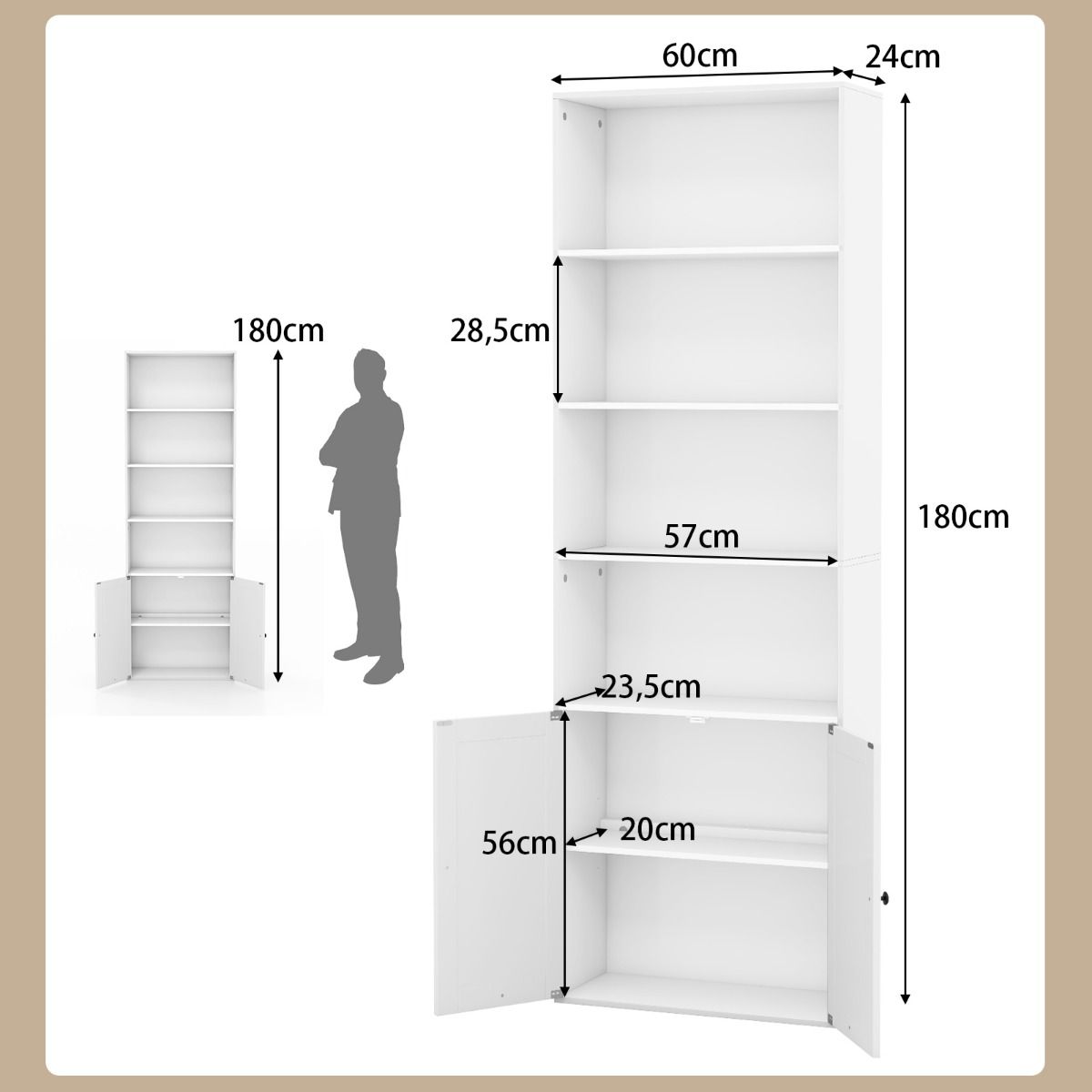 Bibliothèque autoportante Coast - 6 étagères - 2 portes - 60 x 24 x 180 cm - blanc