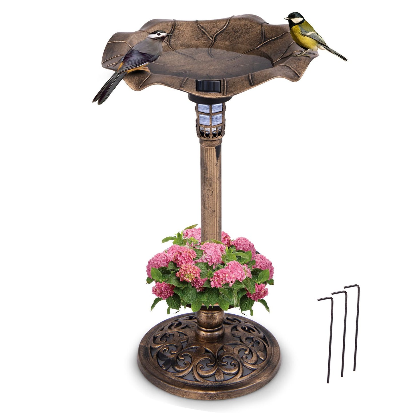 Bain d'oiseaux Coast avec éclairage solaire - Mangeoire à oiseaux et jardinière - Décoration de jardin rétro 43 x 76 cm, couleur bronze
