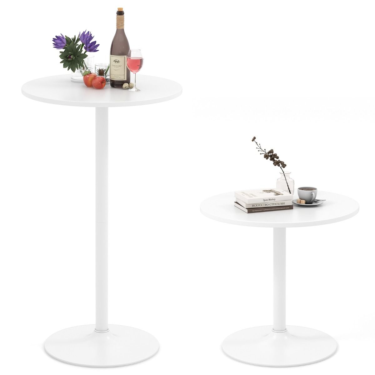 Table de bar et table à manger ronde Coast - Réglable en hauteur - 2-en-1 - Blanche - Lot de 2