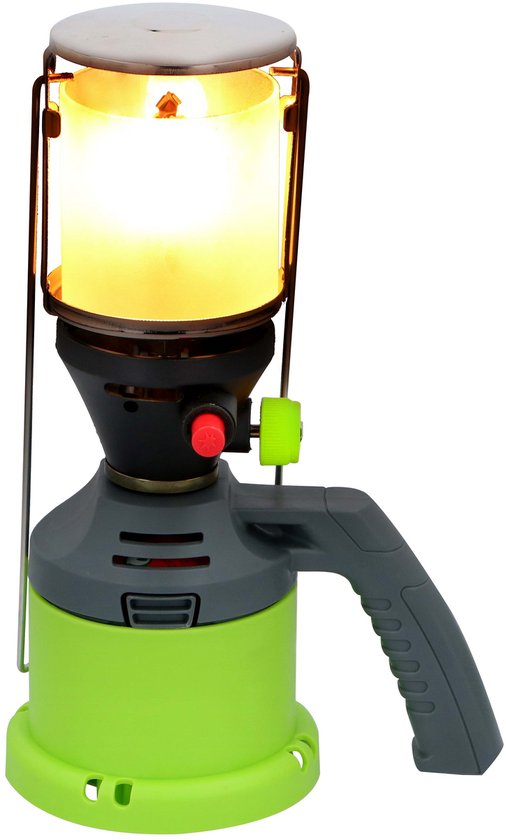 Lampe à gaz Kinzo – Lampe de camping à gaz – Avec allumage piézoélectrique et poignée – 3 manchons à gaz inclus – 500 W