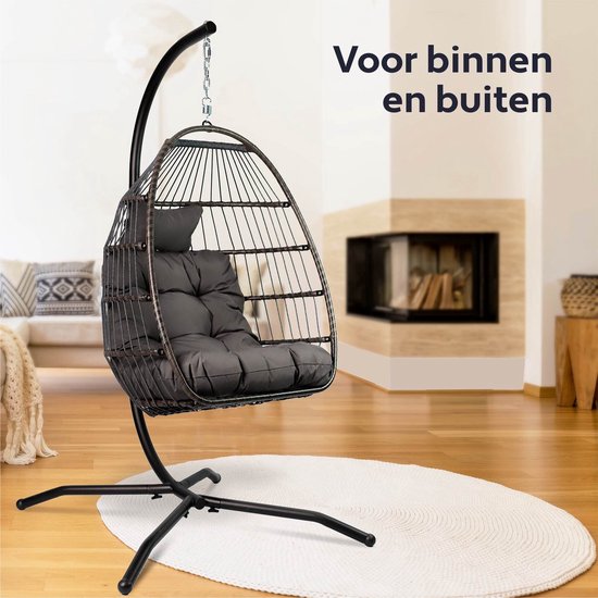 Vita5 Egg Hanging Chair - Intérieur et extérieur - Chaise cocon - avec support - jusqu'à 150kg - pliable - coussin inclus - brun foncé