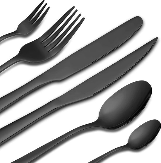 Deleca 12 Person Cutlery Set Essential (72 pieces) - Spoons, Knives, Forks, Steak Knives & Pastry Forks - Dishher Safe Cutlery - Shiny Black / Stainless Steel