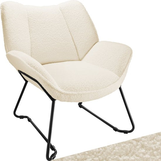 tectake® Chaise longue - Fauteuil relax rond - Fauteuil Teddy - Chaise tapissée - Revêtement bouclé - Fauteuil de lecture en peluche - Style scandinave - blanc crème