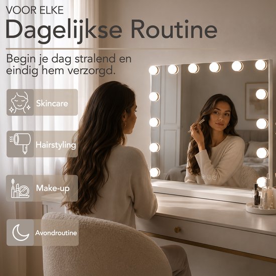 Miroir Lumirex Hollywood 58 x 46 cm - Miroir de maquillage éclairé - 15 LED - Intensité réglable - 3 couleurs de lumière - Commande tactile - Alimentation secteur - Miroir de maquillage - Blanc