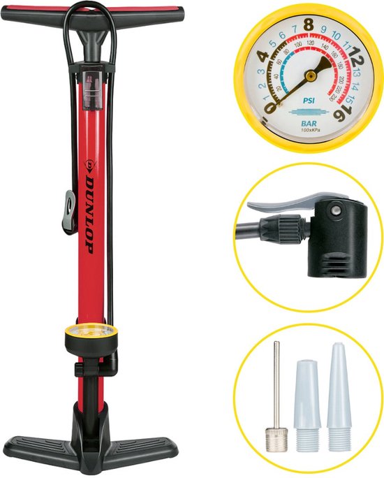 Pompe à vélo Dunlop avec manomètre - Pompe à vélo pour valve Dunlop, Schrader et française - Pompe sur pied avec adaptateurs pour jouets aquatiques et balles