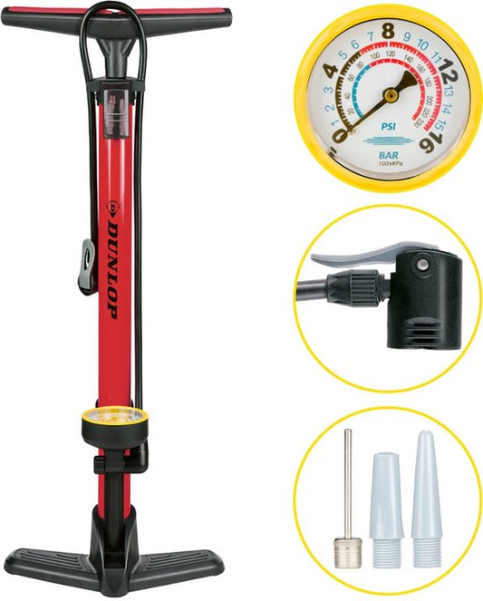 Pompe à vélo Dunlop avec manomètre - Pompe à vélo pour valve Dunlop, Schrader et française - Pompe sur pied avec adaptateurs pour jouets aquatiques et balles