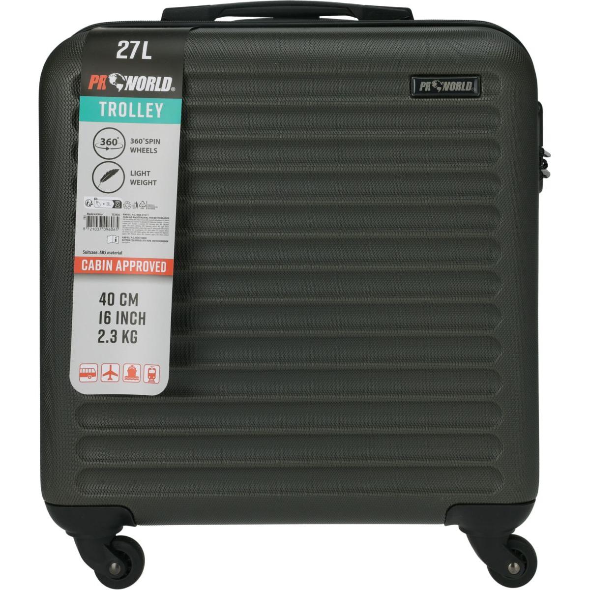 Valise cabine ProWorld 16 pouces - Anthracite - 26 litres - 4 roulettes pivotantes - Serrure à combinaison - 41 x 22 x 47 cm