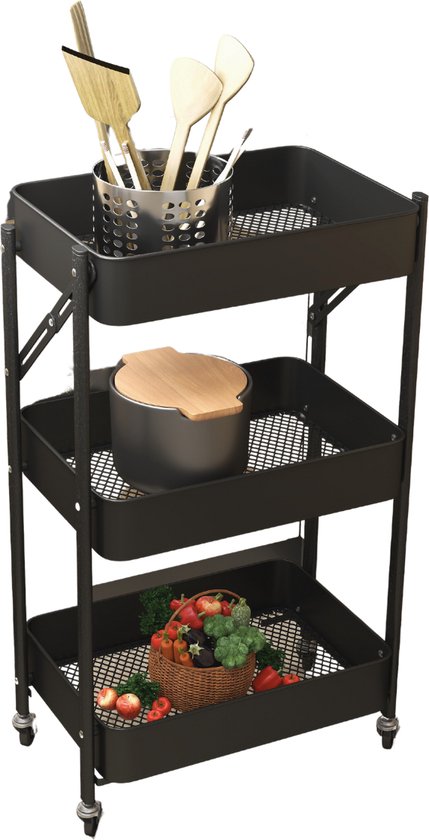 O'DADDY® Kitchen Trolley Collapsible - 3 Layers - Serviteur sur roues - Chariot de cuisine - Table roulante - Chariot de rangement - Chariot de rangement - Support de cuisine - Noir