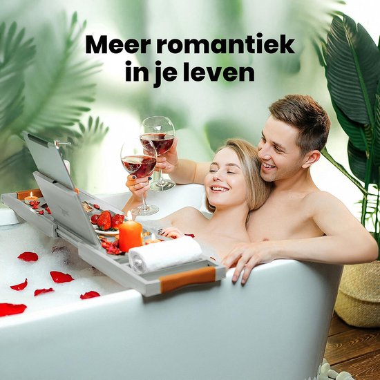 RelaxTub® Bathboard - Planche de bain pour la baignoire - Support de bain - Réglable - Antidérapant - Planche de bain grise - Planche de bain en bois - Support de bain avec porte-livre, porte-tablette et miroir