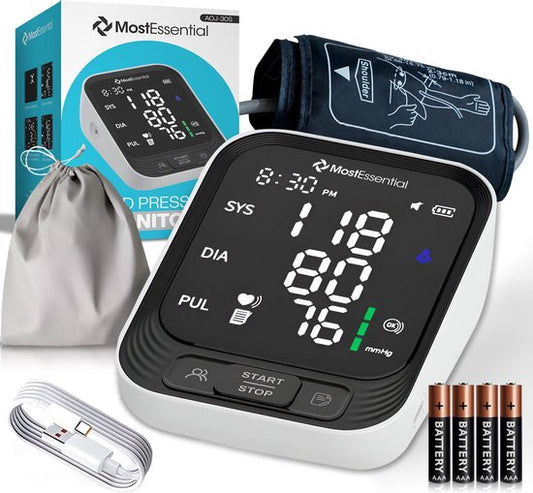 MostEssential Moniteur de pression artérielle au bras - Moniteur de fréquence cardiaque - Mémoire de 398 lectures - Câble USB-C inclus - 30S