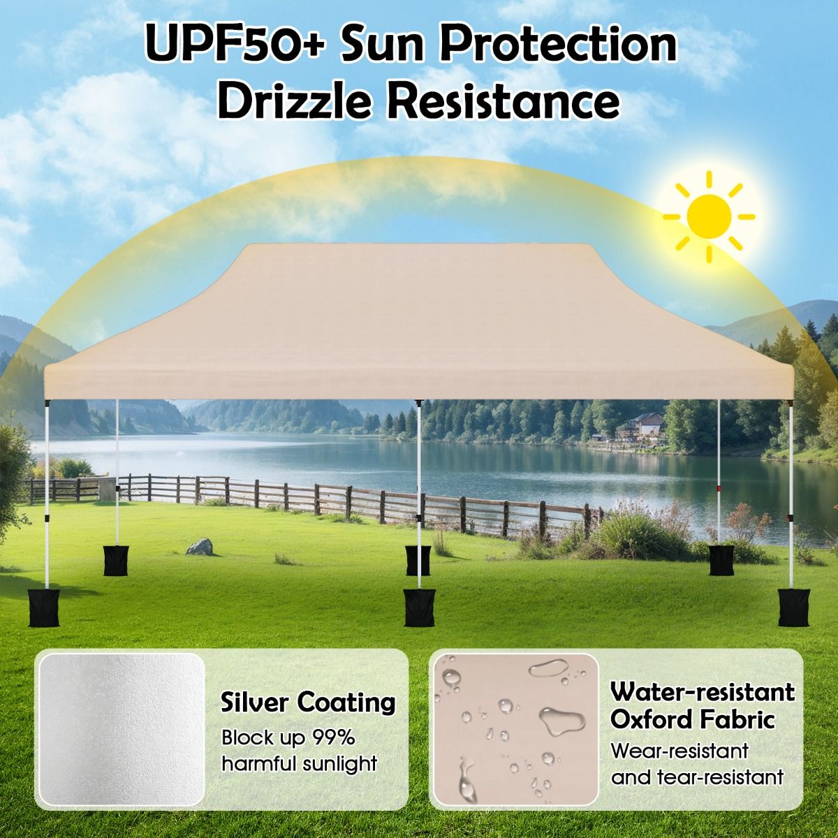 Pavillon de jardin pliable Coast - Tente de fête imperméable - Protection solaire - 300 x 600 cm - Beige