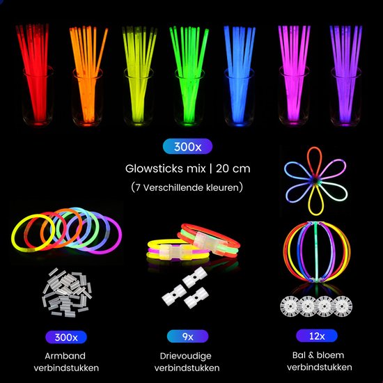 Partizzle 300 pièces bâtons phosphorescents - Extra épais - Connecteurs de bâtons phosphorescents inclus - Bâtons de rupture - Articles de carnaval néon - Décorations d'anniversaires et de fêtes de fin d'année - 7 couleurs