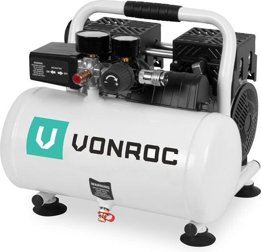 VONROC PRO Compresseur silencieux - Sans huile - 750W - 1HP - 128 l/min. - 6 Litres - 8 Bar - 57,5dB(A) - Silencieux - Faible niveau sonore - Blanc