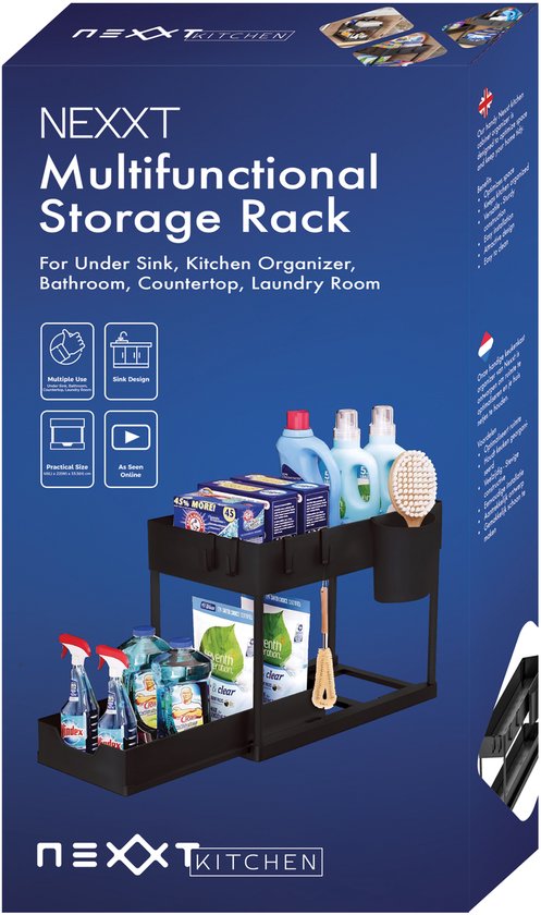 Nexxt Kitchen Cabinet Organiser - 2 Layers - Rack with Pull-out Drawer - Includes Hooks and Trays - Sink Organiser - Black