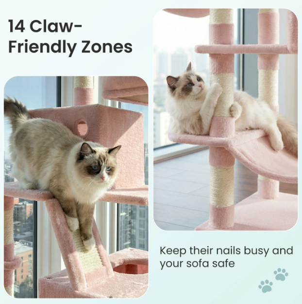 Joyfurnos L Arbre à chat 168 cm - Rose pastel - À plusieurs niveaux avec 13 poteaux à griffer et un hamac