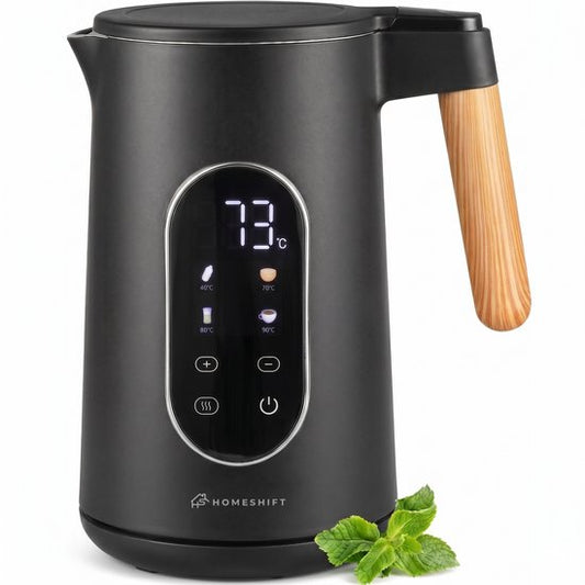 Bouilloire HomeShift® avec réglage de la température - Fonction de maintien au chaud - Double paroi - Électrique - 1,7 litre - 2200 W - Noir / Bois