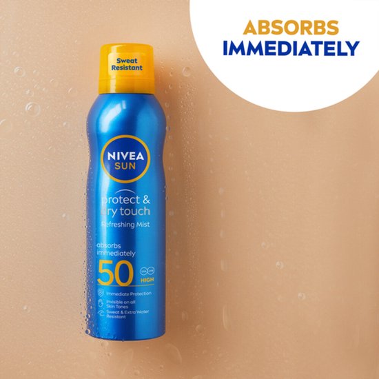 NIVEA SUN Protect & Dry Touch Spray solaire en brume - SPF 50 - Spray solaire pour le sport - Résistant à l'eau - UVA/UVB - 200 ml