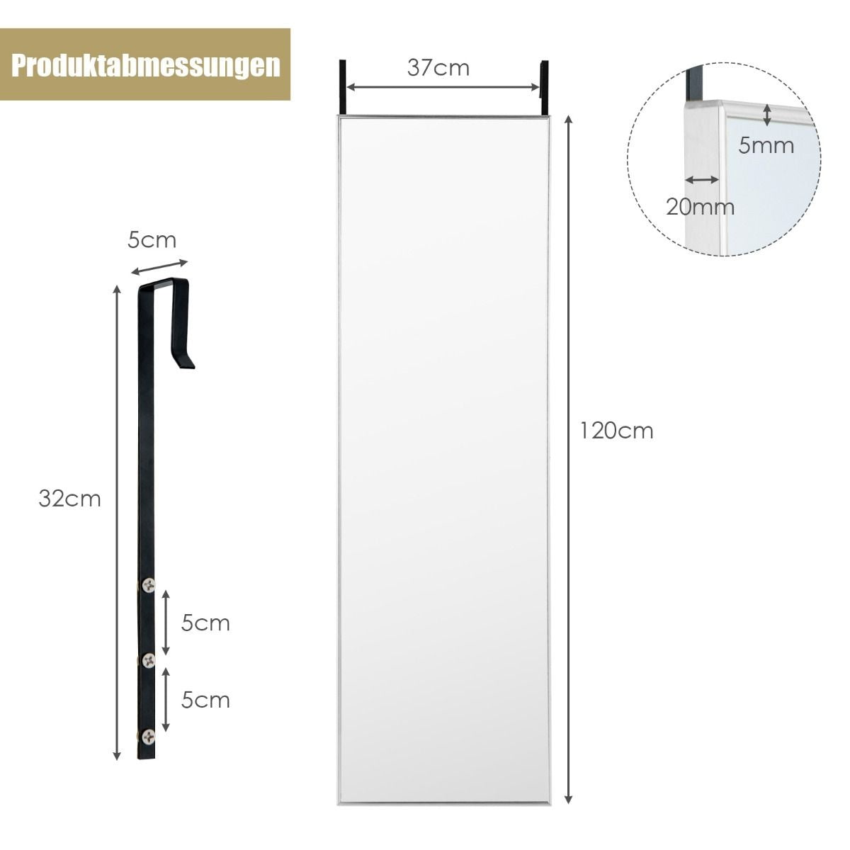 Côte 37 x 120 cm Miroir mural à hauteur d'homme avec crochets réglables en hauteur Miroir mural argenté