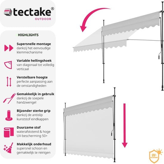 tectake - store à pinces - parasol - store - réglable - store à pinces - parasol balcon - 300 x 180 cm - gris clair - store - 404963