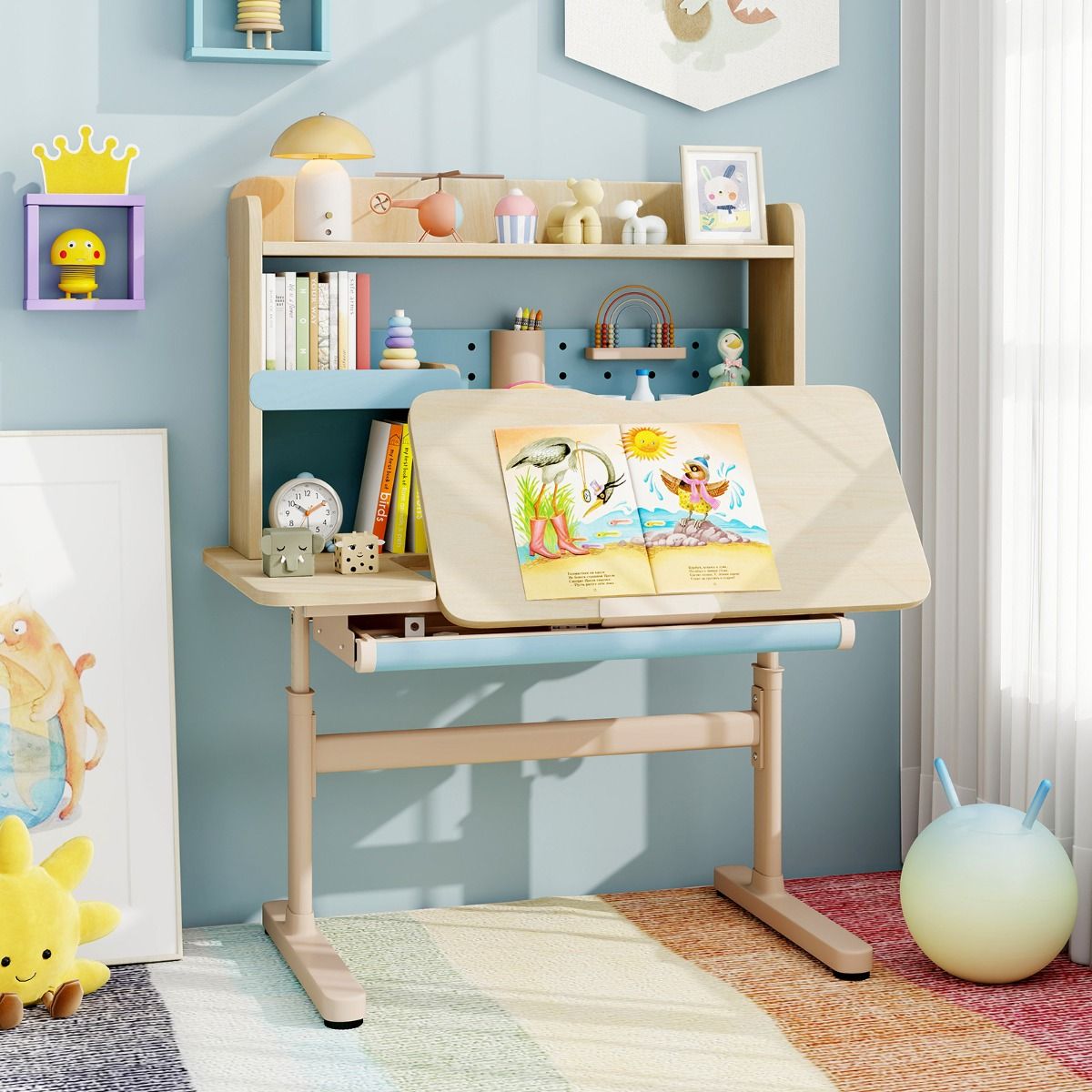 table enfant coast - hauteur réglable 52-74 cm - bureau inclinable 0°-60° - tiroir et casier - bleu - 100 x 60 x 111-135 cm