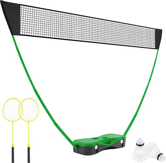 COSTWAY Support de filet de badminton, jeu de navette portable avec raquettes, 2 navettes, filet et boîte de rangement, set complet de badminton pour badminton/tennis et volley-ball pour l'intérieur et l'extérieur