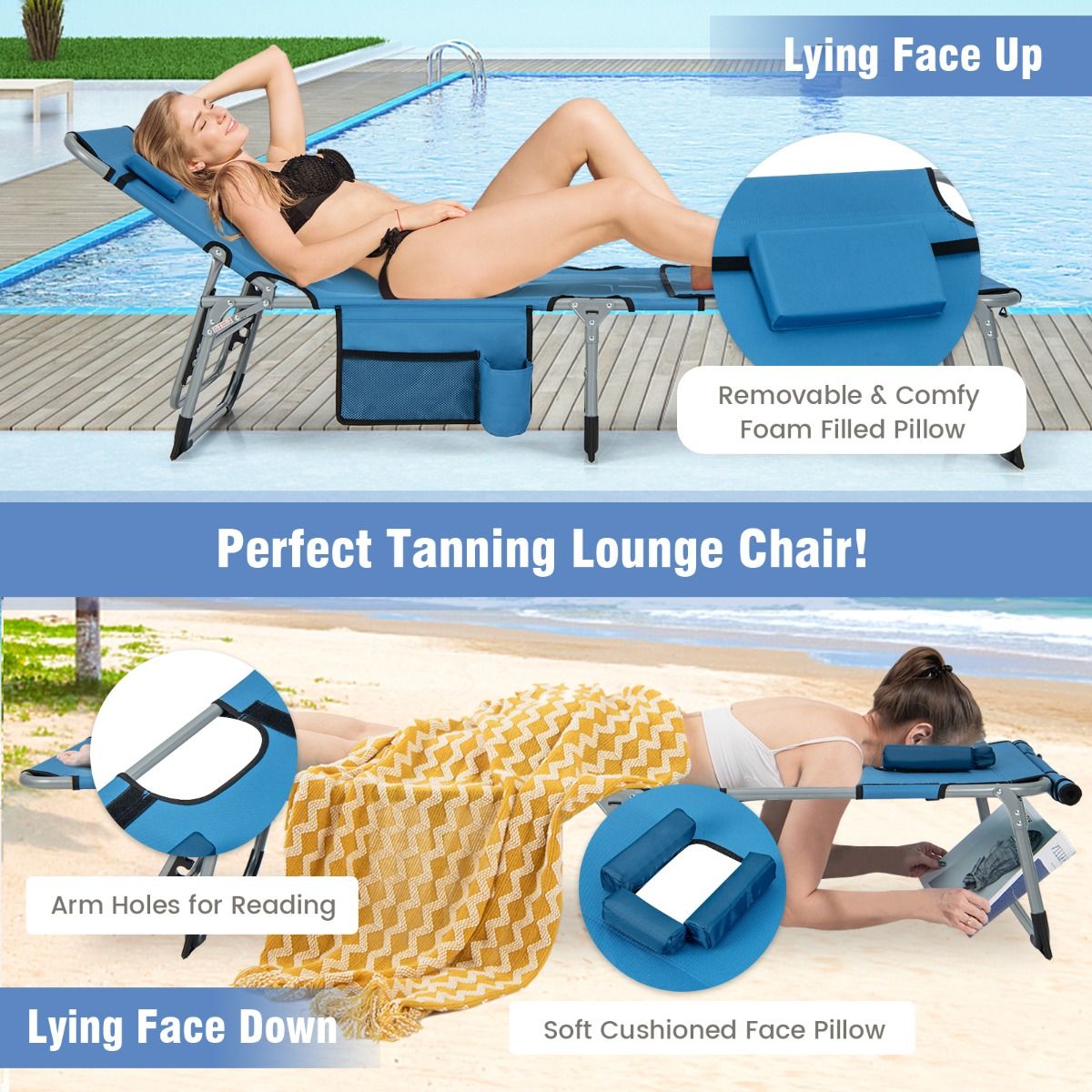 Bain de soleil COAST avec ouverture faciale - pliable - 193 x 60 x 34 cm - bleu
