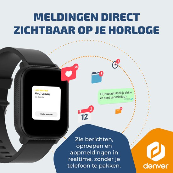 Montre connectée Denver - GPS - Cardiofréquencemètre - 100 modes sportifs - Oxymètre de pouls - Fonction téléphone complète - SWG155 - Noir