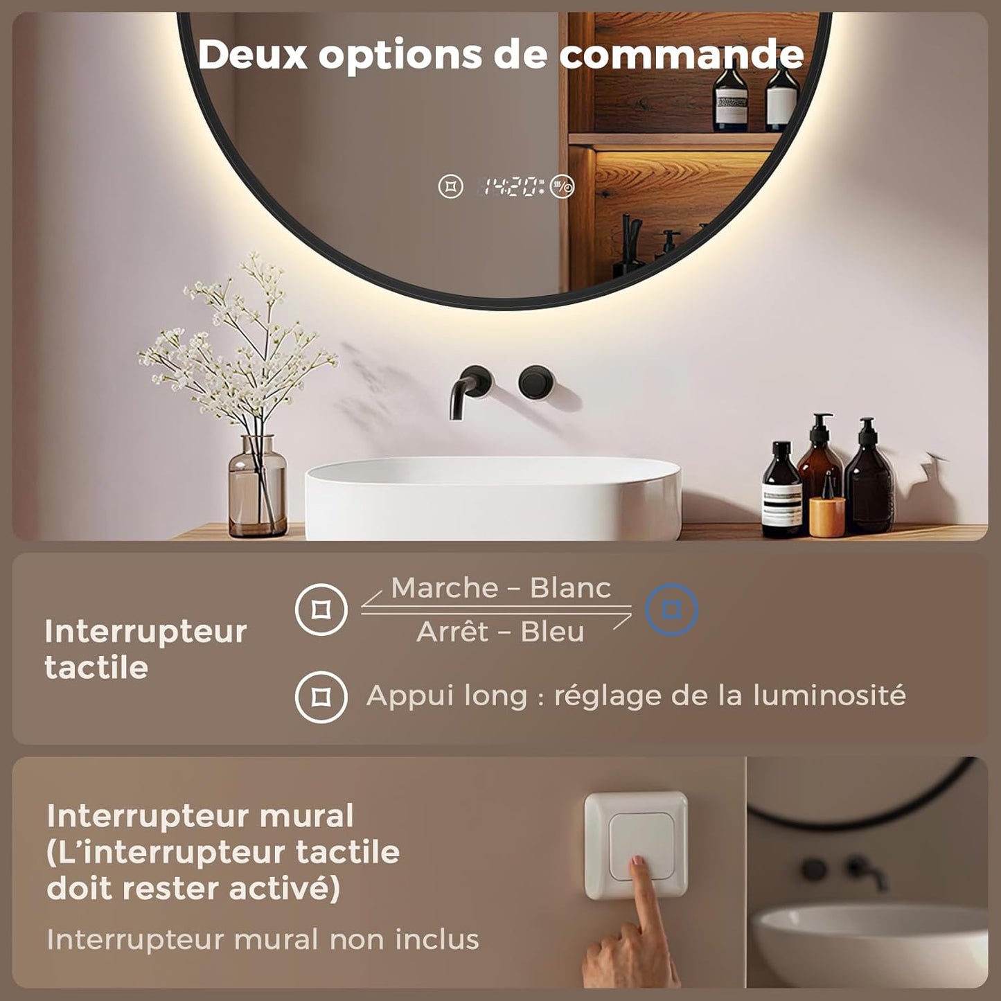 Miroir de salle de bain rond S'afielina avec éclairage LED, noir, Ø 60 x 3 cm - Intensité réglable - Anti-condensation - Horloge et affichage de la température