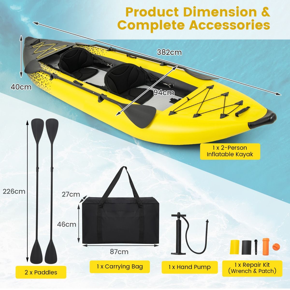 Kayak gonflable Coast pour 2 personnes - Sièges réglables - Pagaies et pompe à main incluses - Jaune
