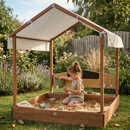 AXI Meli Bac à sable et maisonnette 120 x 120 cm avec cuisine jouet – Marron – Avec toit – Bois FSC – Avec tableau noir, réservoir d'eau et set de cuisine jouet 6 pièces – Avec 2 bancs - Toile de protection incluse – Garantie de 10 ans