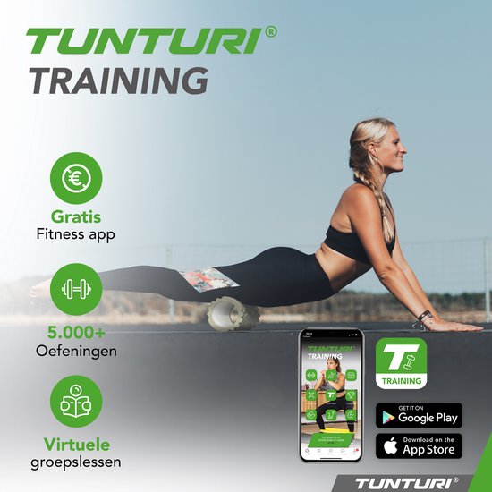 Rouleau en mousse Tunturi Yoga Grid - Rouleau de massage - Rouleau en mousse - Rouleau de fitness - Vert militaire - 33 cm - Application de fitness gratuite incluse