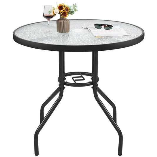 Yaheetech Bistro Table de jardin Ø 70 cm - Noir - Table ronde avec plateau en verre trempé et trou pour parasol
