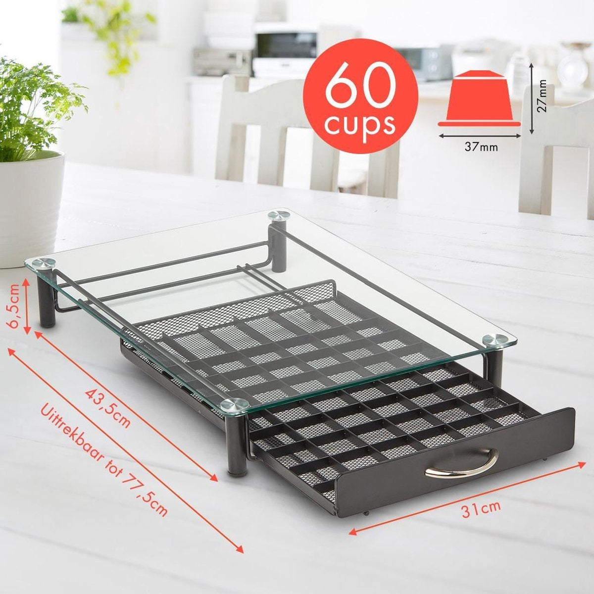 KitchenBrothers Porte-capsules - avec tiroir - Nespresso - 60 tasses - Verre - inox/noir