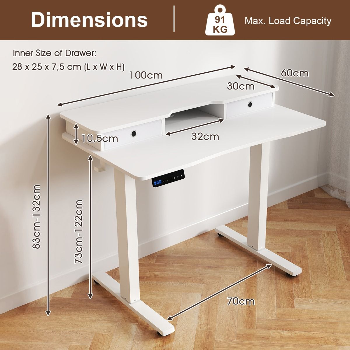 Bureau assis-debout électrique Coast - Réglable en hauteur - Avec support pour écran et tiroirs - Blanc 100 x 60 cm