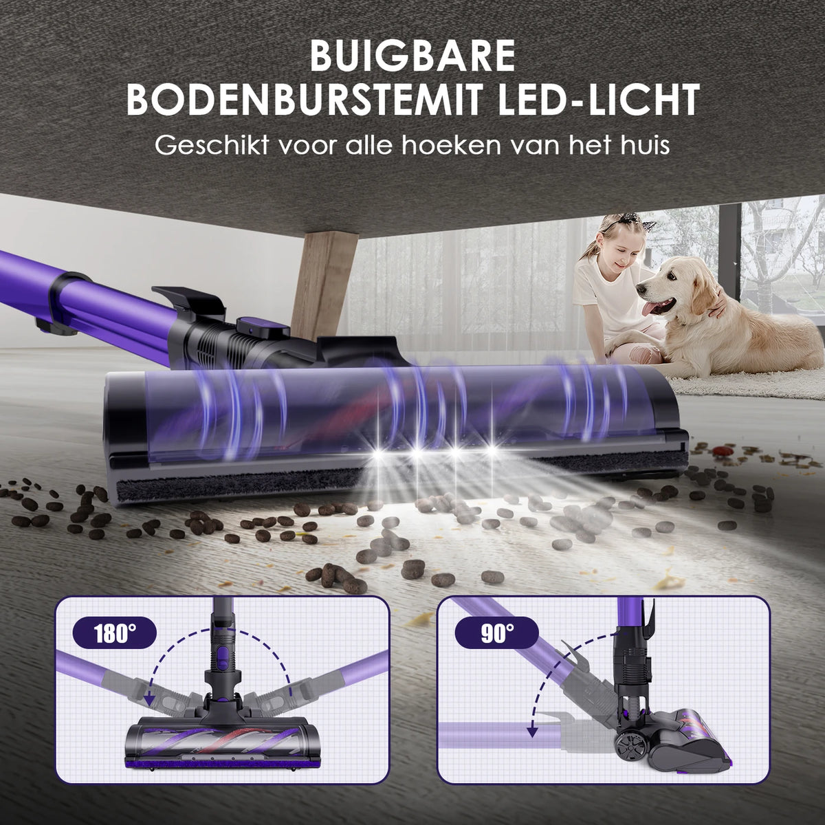 Aspirateur sans fil Daynee H75 - Puissance d'aspiration de 55 000 Pa - Violet - Filtration HEPA - Tuyau et brosse pour animaux - 44 x 30 x 19 cm