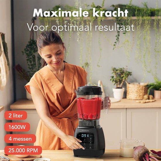 KitchenBrothers 2-in-1 Power Blender - 1600W - 2L - Ensemble complet avec hachoir et gobelet - Smoothie Maker - Ice Crusher - Noir