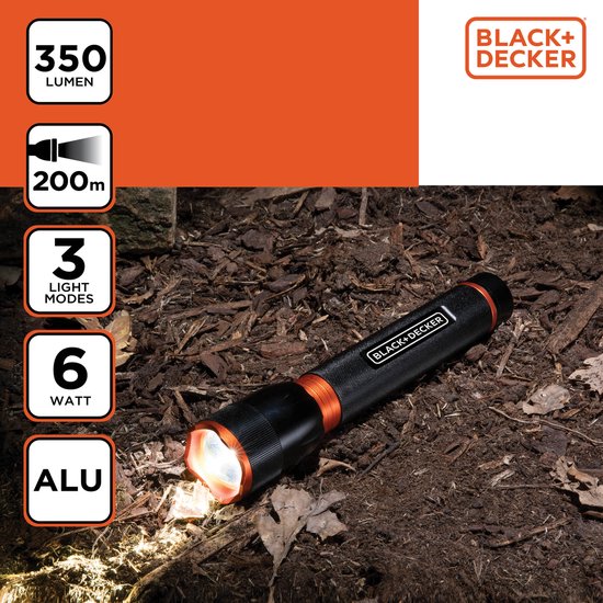 BLACK+DECKER Lampe de poche LED 350 Lumen - 6W - 200M de portée - 3 modes d'éclairage : Haut, Bas, Pulsation - Noir/Orange