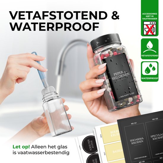 Soothe 24 pots à épices en verre carrés avec couvercle noir - 2 types de couvercles à saupoudrer - Spice Spreader - Pots à épices - Set complet avec stickers à épices, stick à craie et accessoires - 120ml
