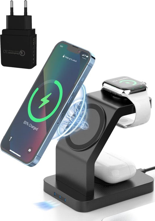 iSETCHI - Chargeur sans fil Qi et Magsafe 3-en-1 - 15 Watt - Plastique noir - Adaptateur QC 3.0 inclus - Pour iPhone, Apple Watch et Airpods - Lieu de travail organisé