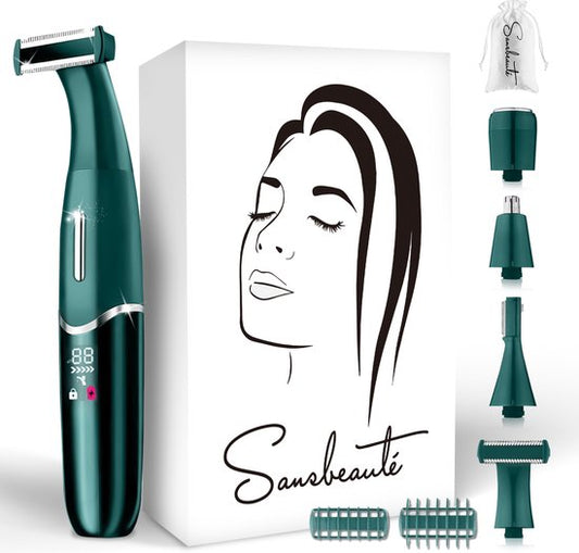Tondeuse bikini 4 en 1 + sac de voyage - Sansbeauté® - Visage - Aisselles - Jambes - Maillot - Tondeuse à sourcils - Epilation visage femmes - Zone intime - Ladyshaves Bikini - Epilateur électrique