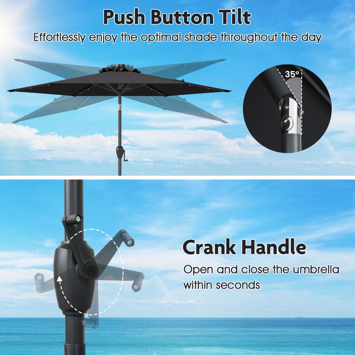 Parasol de terrasse Coast à énergie solaire - avec éclairage LED - inclinable et ventilé - noir 230 cm