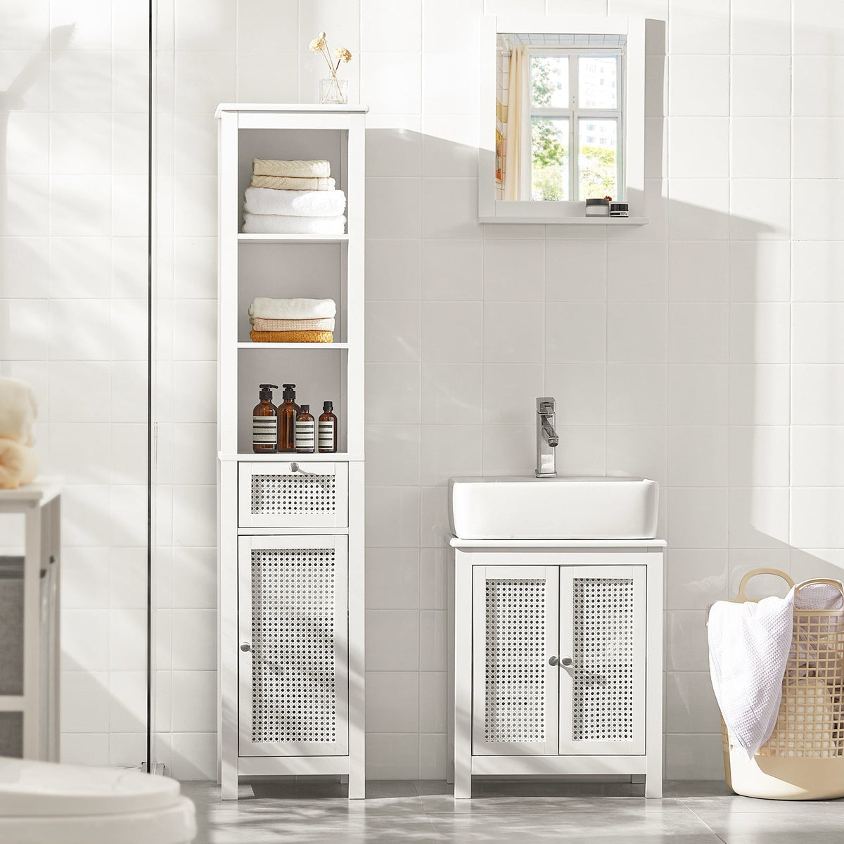 SoBuy Armoire de toilette - Armoire haute - 1 tiroir - 3 étagères - 35 x 32 x 161 cm - Blanc