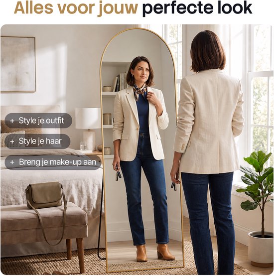 Miroir Infinity Goods - 160 x 60 cm - Miroir mural design - Miroir sur pied avec cadre métallique - À suspendre - Miroir de dressing - Forme arrondie - Moderne - Doré