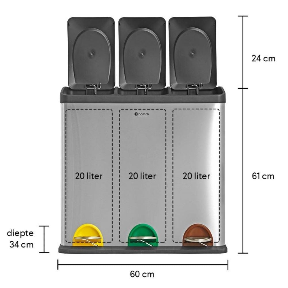 Poubelle de tri sélectif Homra STEPHS - 3 compartiments - 45L - acier inoxydable