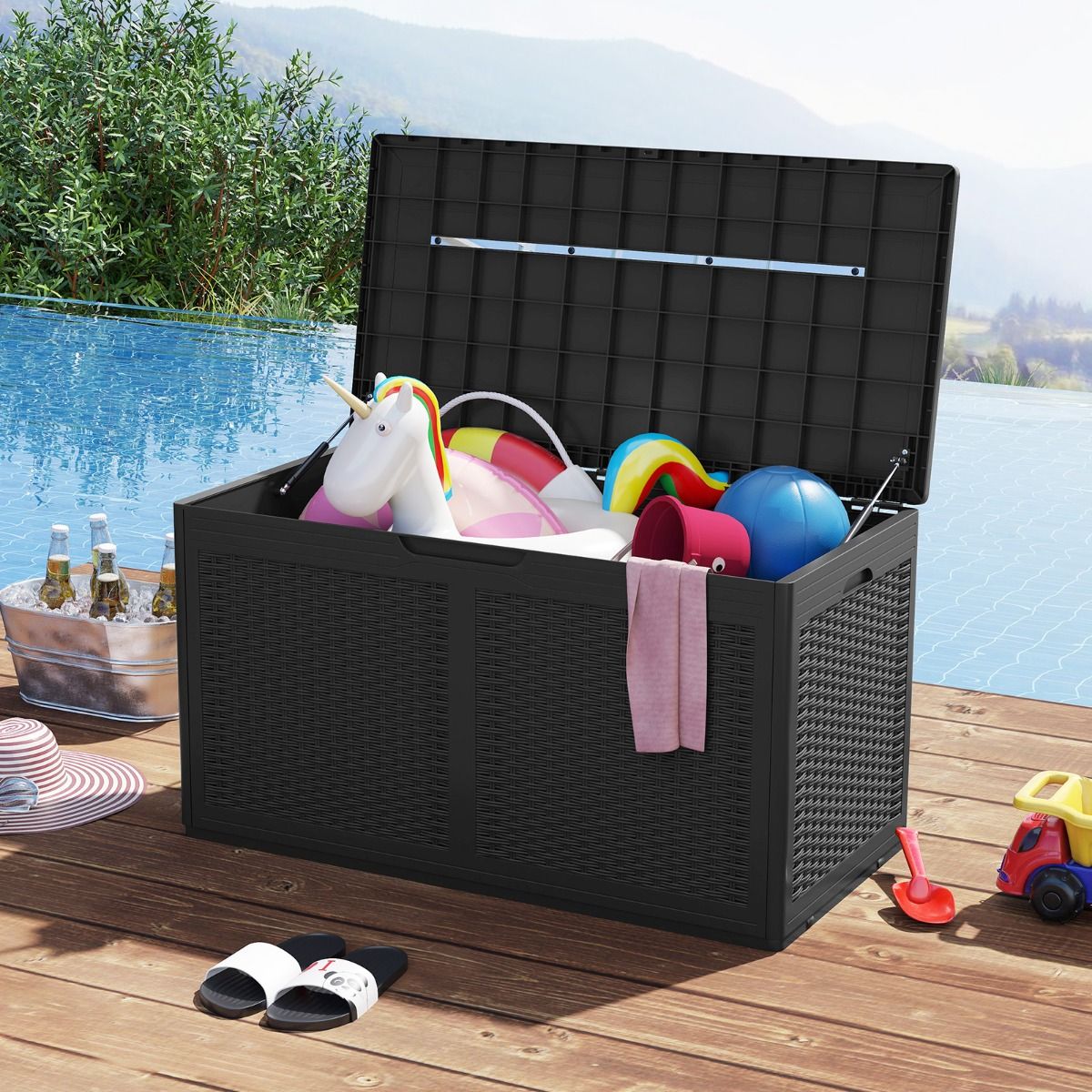 Coast Coffre de jardin à roulettes - coffre de rangement étanche - banc - noir - 380 litres
