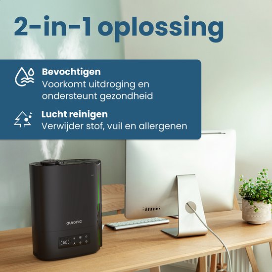 Humidificateur Auronic - 5 litres - Convient au salon, au bureau, à la chambre à coucher, à la chambre de bébé et plus encore - Sans BPA - Noir