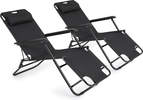 Chaise longue d'extérieur - Pliable - Lot de 2 - Réglable - Polyester & Métal - Noir
