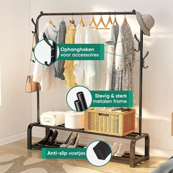 Avalo Rack à vêtements industriel - Métal - 110x33x150 CM - Noir - Rangement pour chaussures - Rack à vêtements avec crochets