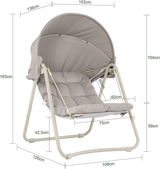 SoBuy OGS62-MI Fauteuil à bascule avec parasol réglable - Pour l'intérieur et l'extérieur - Hamac et chaise de jardin d'extérieur - beige, 108 x 126 x 163 cm