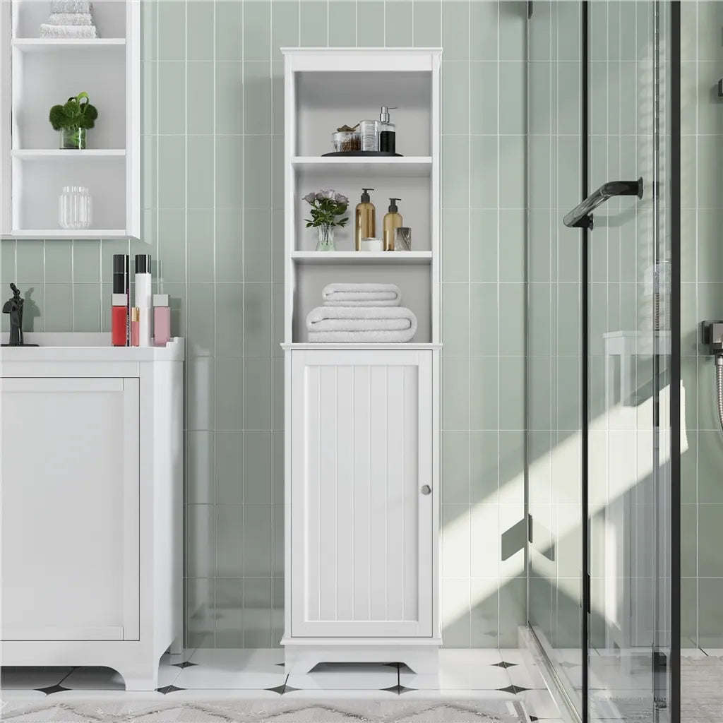 Armoire de salle de bains Yaheetech 40 x 30 x 153 cm - Blanche - Armoire de rangement haute avec 3 étagères ouvertes et une étagère réglable